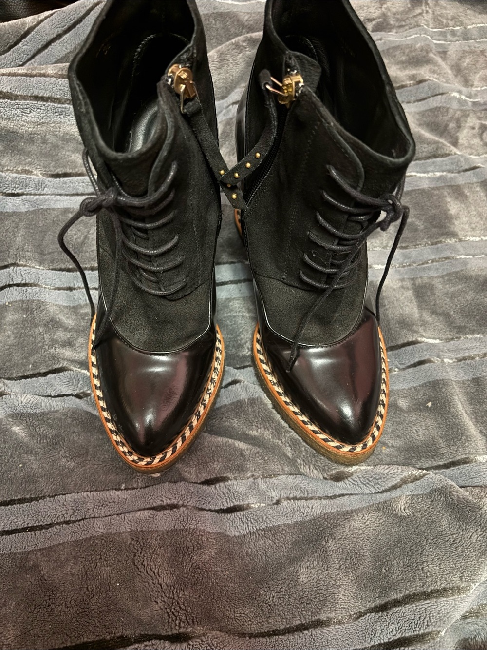 Paloma Barcelo Black Leather & Suede Lace-Up Wedge Boots